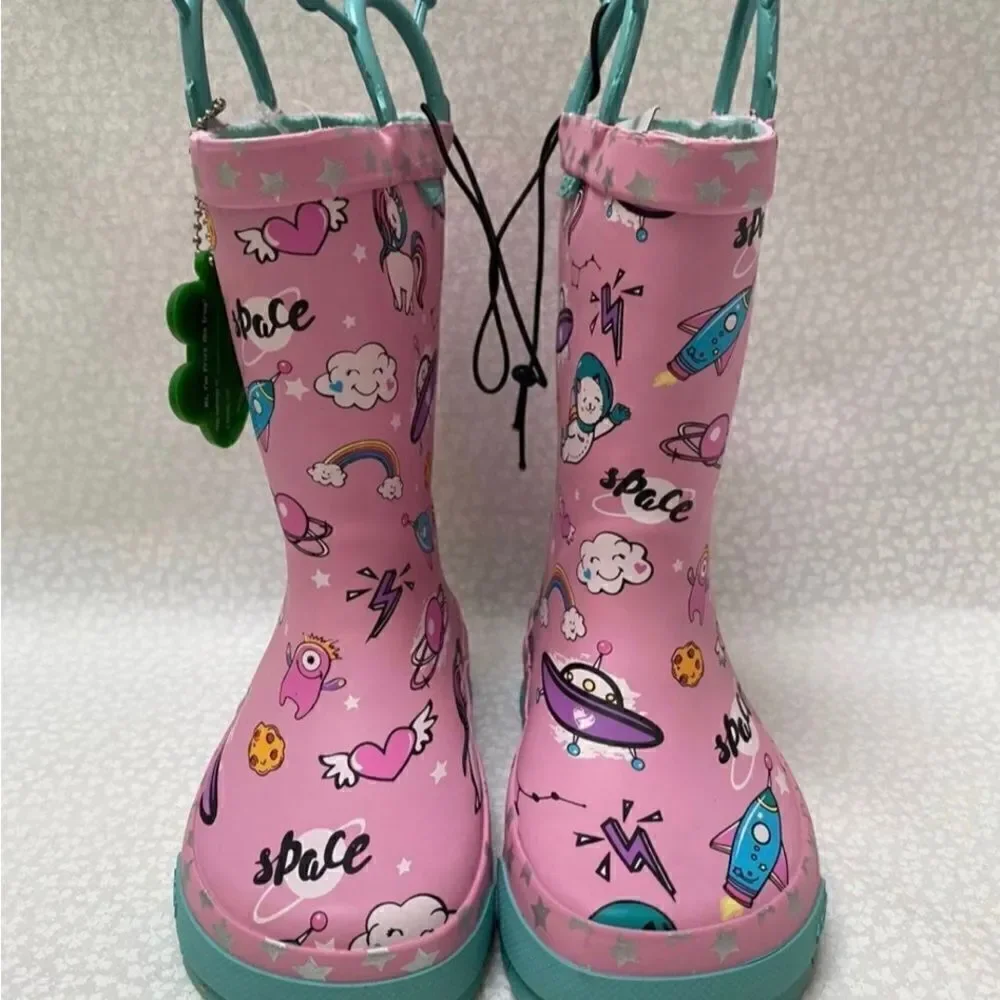 Western Chief Girls' Waterproof Rain Boots with EasyOn Handles Space Party Theme